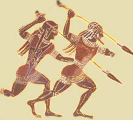 Μελανόμορφο αγγείο με παράσταση πολεμιστών σε προπόνηση ή μάχη